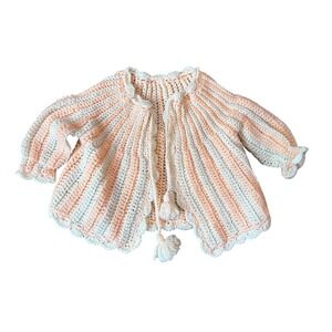 Vintage Hand Crocheted Baby Cardigan White‎ Open Sweater 0-3 Months Peach White